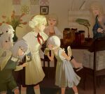  6+girls aqua_eyes black_dress blonde_hair borzoi braid chair character_request closed_eyes desk_lamp dog dress duoyuanjun food girls&#039;_frontline grey_dress hair_ornament highres holding holding_food holding_ice_cream ice_cream indoors jar lamp licking looking_at_another multiple_girls neckerchief open_mouth overalls paper_stack plant potted_plant red_neckerchief school_uniform shaw_(girls&#039;_frontline) smile socks soviet_school_uniform tongue tongue_out vase white_hair white_socks 