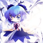  blue_eyes blue_hair bow cirno foreshortening highres ice pointing ribbon short_hair solo touhou yume_shokunin 