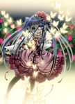  blood blue_eyes bug butterfly dress flower furudo_erika gun hair_flower hair_ornament insect pantyhose pink_flower pink_rose red_flower red_rose rose sakayaki_(burning_soul) solo twintails umineko_no_naku_koro_ni weapon 