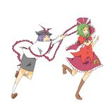  black_hat boots brown_footwear dress front_ponytail green_hair hat kagiyama_hina knee_boots long_sleeves multiple_girls murata_(kendou) nagae_iku purple_hair red_dress ribbon short_hair simple_background standing standing_on_one_leg touhou white_background wince 