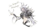  1boy abs animal anniversary artist_name bird bird_on_hand black_gloves copyright_name feather_hair final_fantasy final_fantasy_ix fingerless_gloves gloves grey_hair highres itahana_toshiyuki kuja long_hair male_focus navel parted_lips purple_eyes simple_background smile white_background white_bird 