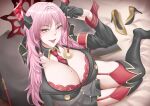  1girl absurdres armband arturaxia black_gloves black_jacket blue_archive bra bra_peek breasts cleavage coin coin_on_string demon_horns gloves halo highres holding holding_pendulum holed_coin horns huge_breasts jacket long_hair long_sleeves looking_at_viewer mole mole_on_breast multicolored_horns necktie open_mouth pendulum pink_hair red_armband red_bra red_eyes red_garter_straps red_halo red_horns red_necktie red_thighhighs red_wrist_cuffs ringed_eyes satsuki_(blue_archive) shoes slit_pupils solo teeth thighhighs tongue two-tone_horns underwear unworn_shoes upper_teeth_only wrist_cuffs yellow_shoes 