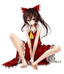  bare_shoulders barefoot bow brown_hair din_(flypaper) feet food hair_bow hakurei_reimu long_hair mouth_hold pocky red_eyes sleeveless solo touhou 