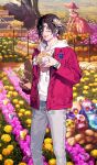  1boy bag black_hair brown_eyes commentary_request constantine_xi_(event_portrait)_(fate) constantine_xi_(fate) day dia_de_muertos drawstring earrings facepaint fate/grand_order fate_(series) feet_out_of_frame field flower flower_field flower_request food food_request grey_pants hair_between_eyes hair_flower hair_ornament holding holding_bag holding_food hood hoodie jacket jacket_over_hoodie jewelry kurahana_chinatsu la_catrina legs_apart long_sleeves looking_at_viewer male_focus official_art open_clothes open_jacket orange_flower outdoors pants paper_bag pink_flower red_jacket short_hair skull solo standing sunlight third-party_source unzipped watch white_hoodie wristwatch yellow_flower zipper 