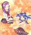  autumn blue_hair dlanor_a_knox drill_hair furudo_erika hat maekawa_suu multiple_girls purple_hair school_uniform skirt thighhighs twintails umineko_no_naku_koro_ni yellow_eyes 