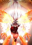  bird bow fiery_wings fire fujiwara_no_mokou glowing glowing_eyes hair_bow highres kurasaki_cority long_hair pants phoenix red_eyes silver_hair solo suspenders touhou very_long_hair wings 