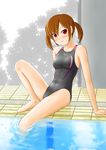  alternate_color arm_support barefoot brown_hair competition_swimsuit drain_(object) one-piece_swimsuit original pool poolside red_eyes refraction ripples short_hair sitting soaking_feet solo swimsuit tk4 twintails water 