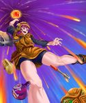  bag bike_shorts blue_eyes boots bottle chrono_trigger fireball glasses hammer headset helmet highres lucca_ashtear mac_(dog_dog) magic open_mouth purple_hair robo robot screwdriver short_hair skull_and_crossbones 