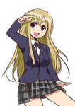  bad_id bad_pixiv_id blonde_hair blue_eyes eyebrows food fuurin_kingyou k-on! kotobuki_tsumugi long_hair open_mouth plaid plaid_skirt school_uniform skirt solo takuan 