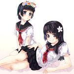  black_hair blue_eyes blush flower hair_flower hair_ornament head_wreath kouji_(campus_life) long_hair lying multiple_girls on_side purple_eyes sakugawa_school_uniform saten_ruiko school_uniform serafuku short_hair skirt socks to_aru_kagaku_no_railgun to_aru_majutsu_no_index uiharu_kazari 