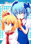  alice_margatroid alternate_hairstyle blonde_hair blue_eyes blue_hair bow capelet chata_maru_(irori_sabou) cirno hair_bow hair_ribbon hairdressing mouth_hold multiple_girls one_eye_closed ribbon short_hair touhou twintails wings 