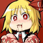 bad_id bad_pixiv_id blonde_hair blood blush eating face food full_mouth guro hair_ribbon lie-lilac necktie red_eyes ribbon rumia short_hair solo touhou 