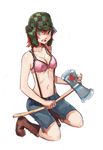  axe blue_eyes boots bra canada copyright_request fictional_persona frown fur_hat hat kneeling leaf lingerie lumberjack navel no_shirt open_mouth pants pink_bra red_hair saimon_ma short_hair solo suspenders underwear ushanka weapon 