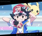  1boy :3 artist_name ash_ketchum baseball_cap black_gloves black_hair blue_jacket bracelet brown_eyes closed_mouth commentary_request dot_nose dynamax_band fingerless_gloves glint gloves hat holding holding_poke_ball jacket jewelry komazawa male_focus mega_stone on_shoulder open_clothes open_jacket pikachu poke_ball poke_ball_(basic) pokemon pokemon_(anime) pokemon_(creature) pokemon_journeys pokemon_on_shoulder red_hat shirt short_hair short_sleeves sleeveless sleeveless_jacket smile spiked_hair teeth translation_request upper_body v-shaped_eyebrows white_shirt z-crystal z-ring 