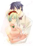  1boy 1girl akimo_(cb21) blue_hair bow bowtie closed_eyes couple dress earrings elbow_gloves flower gloves hetero hug jewelry multicolored_hair nia_teppelin ring simon smile tears tengen_toppa_gurren_lagann tuxedo two-tone_hair veil wedding wedding_dress 