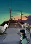  blue_hair cloud genmai-doublevision green_eyes highres long_hair looking_back original power_lines scenery sitting sitting_on_stairs sky solo stairs sunset turtleneck 