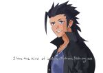  1boy absurdres black_hair black_jacket blue_eyes blue_shirt collarbone cowboy_bebop ear_piercing earrings english_text final_fantasy final_fantasy_vii final_fantasy_vii_ever_crisis highres i_love_the_kind_of_woman_that_can_kick_my_ass_(meme) jacket jewelry lumiaeria male_focus meme necklace official_alternate_costume open_clothes open_jacket parted_lips piercing popped_collar school_uniform shirt solo spiked_hair stud_earrings subtitled three_quarter_view upper_body white_background zack_fair 