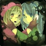  bad_id bad_pixiv_id blue_eyes gloves green_hair gumi hand_on_another's_face hatsune_miku headphones highres hood hoodie long_hair maimu_(polka) matryoshka_(vocaloid) multiple_girls open_mouth purple_eyes short_hair vocaloid 