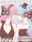 blue_hair bow butterfly_hair_ornament closed_eyes face-to-face hair_ornament hat hatsune_miku long_hair magnet_(vocaloid) megurine_luka mini_hat mini_top_hat multiple_girls musical_note pink_hair ruka_(angelicmymelody) top_hat twintails vocaloid yuri 