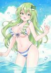  1girl :d ass_visible_through_thighs bikini blush breasts cleavage frilled_bikini frilled_bikini_top frills frog_hair_ornament green_eyes green_hair groin hair_intakes hair_ornament hair_tubes highres kochiya_sanae large_breasts long_hair looking_at_viewer marker_(medium) single_hair_tube single_sidelock sky smile snake_hair_ornament solo string_bikini striped_bikini striped_clothes swimsuit thick_thighs thighs touhou traditional_media twitter_username upper_body very_long_hair water water_drop yuiki_(cube) 