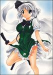  black_hairband blue_eyes dress ghost hairband hitodama konpaku_youmu konpaku_youmu_(ghost) marker_(medium) pastel_(medium) short_hair silver_hair solo sword touhou traditional_media weapon yadokari_genpachirou 