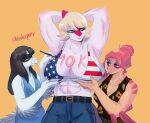 2025 abs american_flag_bikini anthro arm_spikes artist_name bambiraptor belt big_breasts bikini bikini_top black_hair blonde_hair blue_clothing blue_dress blue_eyes blue_eyeshadow bone_frill bottomwear breasts brush callie_(snoot_game) carcharodontosaurid cavemanon_studios claws clothing concavenator deadassspider denim denim_bottomwear denim_clothing digital_drawing_(artwork) digital_media_(artwork) dinosaur dress dromaeosaurid elbow_feathers elbow_spikes eyelashes eyeshadow feathered_dinosaur feathered_scalie feathers female finger_claws flag_bikini follower_number frill_(anatomy) glistening glistening_body glistening_scales grey_body grey_feathers group hadrosaurid hair hair_bun hands_behind_head hi_res huge_breasts i_wani_hug_that_gator jeans long_hair long_tail lunara_(iwhtg) magenta_body magenta_scales makeup mia_moretti multicolored_body multicolored_scales muscular muscular_anthro muscular_female ornithischian ornithopod paintbrush painting_(action) pants parasaurolophus pink_body pink_hair pink_scales prehistoric_species purple_eyes reptile scales scalie sharp_teeth short_hair signature simple_background smile snoot_game snout spikes spikes_(anatomy) swimwear tail tan_body tan_scales teeth text theropod tongue tongue_out trio trio_focus two-piece_swimsuit two_tone_body two_tone_scales white_body white_scales yellow_background yellow_eyes
