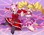  blonde_hair boots bow breasts choker cure_passion cure_peach dress eyelashes fresh_precure! hair_ornament head_wings heart heart_hair_ornament higashi_setsuna highres ishida_baru knee_boots locked_arms long_hair magical_girl medium_breasts momozono_love multiple_girls pantyhose pink_bow pink_choker pink_eyes pink_footwear pink_hair pouch precure red_eyes tiara twintails very_long_hair white_choker wrist_cuffs 