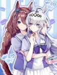  +_+ 2girls :t absurdres ahoge animal_ears blue_background blue_eyes bow bowtie box braid braided_bangs braided_ponytail brown_hair candy chocolate commentary double-parted_bangs eye_contact food grey_hair hair_between_eyes hand_on_another&#039;s_head headpiece heart heart-shaped_box heart-shaped_chocolate heart-shaped_food highres horse_ears horseshoe_ornament hug hug_from_behind long_hair looking_at_another multicolored_hair multiple_girls oguri_cap_(umamusume) pleated_skirt puffy_short_sleeves puffy_sleeves purple_bow purple_bowtie purple_shirt sailor_collar sailor_shirt school_uniform shirt short_sleeves skirt streaked_hair summer_uniform super_creek_(umamusume) symbol-only_commentary tracen_school_uniform tuwu_(user_yvte3782) umamusume vertical-striped_background very_long_hair white_hair white_sailor_collar white_skirt yuri 