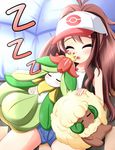  bad_id bad_pixiv_id baseball_cap brown_hair closed_eyes denim denim_shorts gen_5_pokemon hat lilligant long_hair nomikata pokemon pokemon_(creature) pokemon_(game) pokemon_bw ponytail shorts sleeping touko_(pokemon) whimsicott 