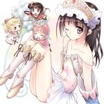  4girls =_= akesaka_iku atelier_(series) atelier_rorona atelier_totori black_eyes black_hair blonde_hair blush boots bow cuderia_von_feuerbach detached_sleeves dress flower hair_bow hair_ornament knee_boots mimi_houllier_von_schwarzlang minigirl multiple_girls one_eye_closed open_mouth red_eyes rororina_fryxell side_ponytail sitting slim_legs smile strap_slip tiara totooria_helmold 