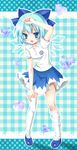  1girl bad_id bad_pixiv_id blue_eyes blue_hair bow cirno hair_bow heart highres momose_rin short_hair solo thighhighs touhou white_legwear wings 