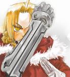  automail blonde_hair coat edward_elric fullmetal_alchemist hoshino_hitsuki lowres male_focus mechanical_arm solo yellow_eyes 