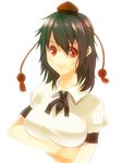  :3 bad_id bad_pixiv_id black_hair blouse breast_hold breasts hat highres impossible_clothes impossible_shirt kakei looking_at_viewer red_eyes ribbon shameimaru_aya shirt short_hair smile solo taut_clothes taut_shirt tokin_hat touhou 