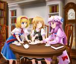  alice_margatroid blonde_hair blue_eyes book bookshelf chair clock crescent cup dress grin hair_ribbon hairband hat hexagram kirisame_marisa kisaragi_miyu long_hair multiple_girls no_hat no_headwear patchouli_knowledge purple_eyes purple_hair ribbon short_hair sidelocks sitting smile sweatdrop table teacup touhou wavy_mouth 