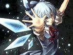  \o/ arms_up blue_eyes blue_hair bow cirno outstretched_arms ribbon sizu solo touhou wings 