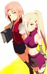  banned_artist blonde_hair blue_eyes book green_eyes haruno_sakura midriff multiple_girls naruto naruto_(series) pink_hair ponytail short_hair thighhighs yamanaka_ino yokige 