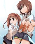  biribiri brown_eyes brown_hair coin electricity foreshortening kurase long_hair misaka_mikoto multiple_girls school_uniform shirai_kuroko short_hair shorts sweater_vest thigh_strap to_aru_kagaku_no_railgun to_aru_majutsu_no_index twintails 