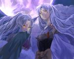  1girl armor covering_mouth facial_mark forehead_mark inuyasha kyouichi lips long_hair moon mother_and_son night pointy_ears sesshoumaru sesshoumaru's_mother smile twintails white_hair wide_sleeves yellow_eyes youkai 