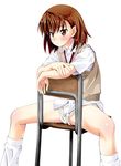  brown_eyes brown_hair iwasaki_takashi misaka_mikoto school_uniform short_hair shorts sitting sitting_backwards solo spread_legs to_aru_kagaku_no_railgun to_aru_majutsu_no_index 