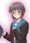  book cardigan glasses kita_high_school_uniform misnon_the_great nagato_yuki school_uniform serafuku short_hair sleeve_tug solo_focus suzumiya_haruhi_no_yuuutsu yellow_eyes 