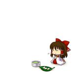  :t brown_hair chibi eating hakurei_reimu leaf minigirl pout seiza simple_background sitting socha solo touhou 