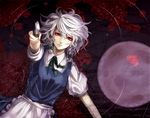  braid commentary_request flower izayoi_sakuya knife maid moon red_eyes ribbon rose short_hair silver_hair sizu solo touhou twin_braids 