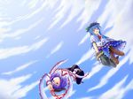  blue_hair boots cloud day food frills fruit hat hat_ribbon hinanawi_tenshi kensei keystone long_hair multiple_girls nagae_iku peach purple_hair red_eyes ribbon rock rope scarf shimenawa short_hair sky touhou upside-down 