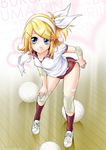  adjusting_buruma adjusting_clothes arm_support ball bandages bandaid bandaid_on_arm bandaid_on_leg blonde_hair blue_eyes buruma elbow_pads full_body gym_uniform hair_ornament hair_ribbon hairband hairclip hand_on_own_knee highres kagamine_rin kitano_tomotoshi knee_pads leaning_forward legs looking_at_viewer red_legwear reflective_floor ribbon short_hair side_ponytail smile socks solo standing vocaloid wooden_floor 