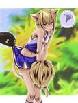  animal_ears blazblue blonde_hair blush cat_ears cheerleader crossdressing embarrassed green_eyes highres jin_kisaragi male_focus midriff navel otoko_no_ko shou_(trickster1999) solo tail 