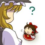  ? blonde_hair brown_hair chibi hakurei_reimu kirisame_marisa minigirl multiple_girls simple_background socha touhou 