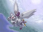  cybuster flying lake mecha no_humans sky solo super_robot_wars super_robot_wars_the_lord_of_elemental 