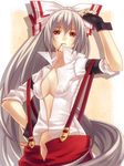  bad_id bad_pixiv_id bow breasts cigarette cleavage covered_nipples fujiwara_no_mokou gloves hair_bow hair_ribbon large_breasts long_hair no_panties red_eyes ribbon silver_hair sleeves_rolled_up smoking solo suspenders touhou yochipan 