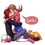 1girl :d alternate_costume blush brown_hair closed_eyes couple english face-to-face forehead-to-forehead heart hetero hug kneeling kotone_(pokemon) no_hat no_headwear obo open_mouth overalls pokemon pokemon_(game) pokemon_hgss red_eyes red_hair silver_(pokemon) smile thighhighs twintails 
