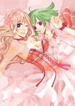  bad_id bad_pixiv_id blonde_hair blue_eyes breasts cleavage flower green_hair long_hair macross macross_frontier medium_breasts mizuyu multiple_girls one_eye_closed ranka_lee red_eyes sheryl_nome short_hair 